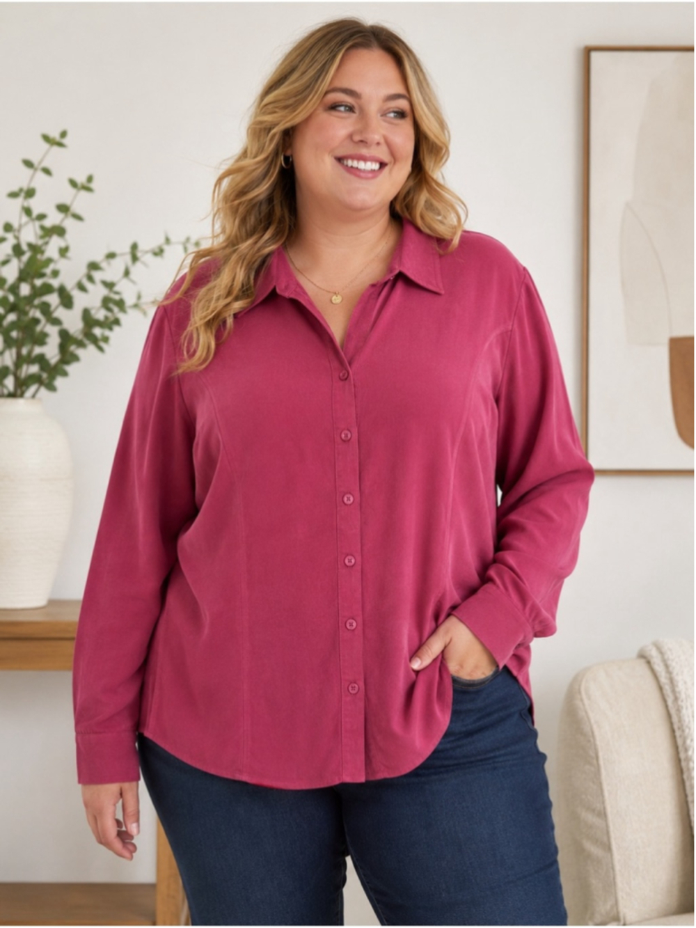Penningtons Button-Front Shirt in Raspberry Size 26 Office Business Casual